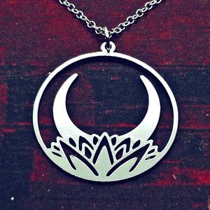 Lotus Flower & Crescent Moon Silver Necklace